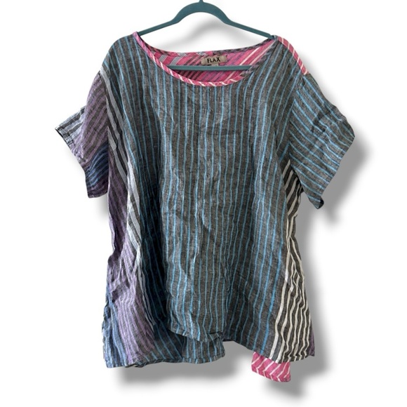 Flax Multicolor Striped Short Sleeve Tunic Top Women’s Plus Size 3X Lagenlook - Picture 1 of 15